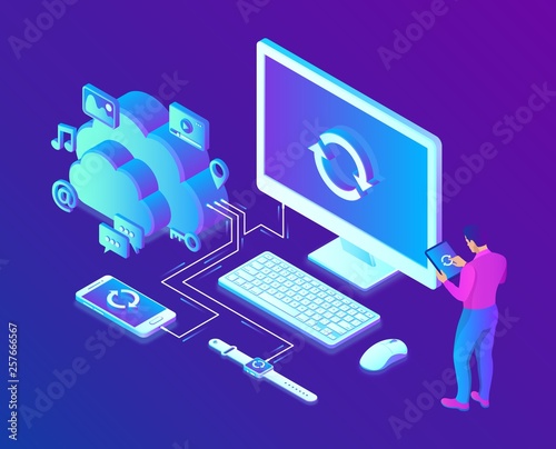 Cloud storage. Cloud Computing Technology Isometric Concept with Computer, Smartphone and Smart Watch Icons. User male character. Data transfer. Synchronization of devices. Vector illustration.