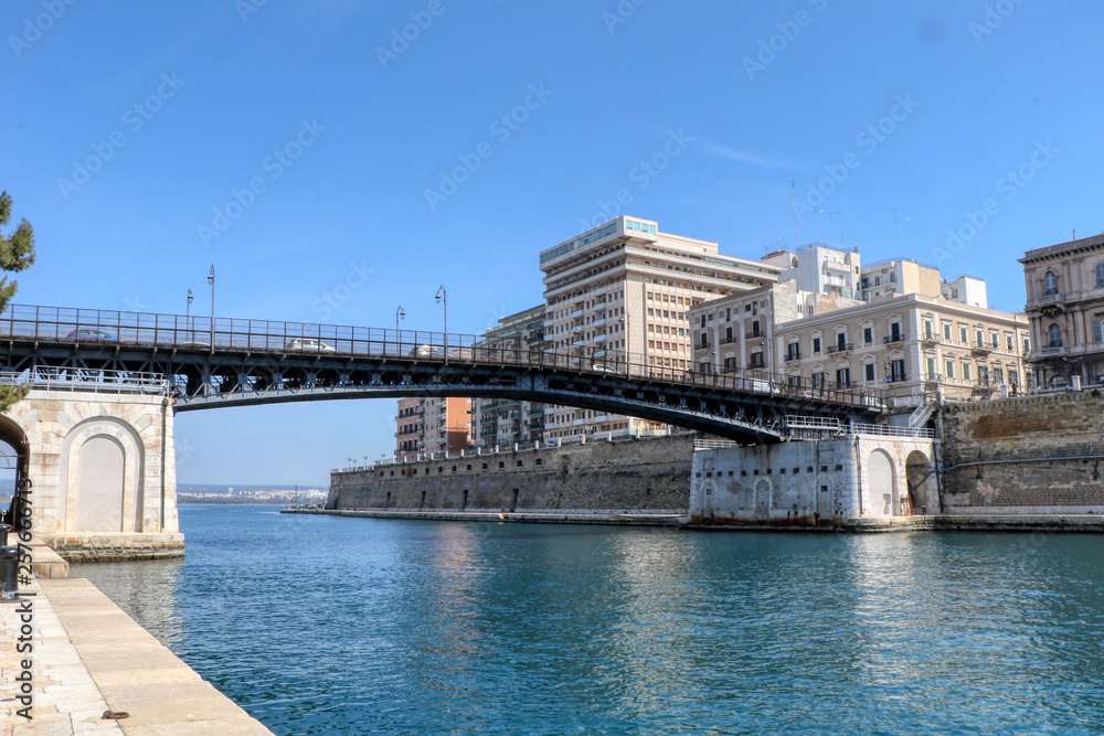 Overview of the Bridge of San Francesco di Paola, commonly called Ponte Girevole (swing bridge) in Taranto, Puglia, Italy
