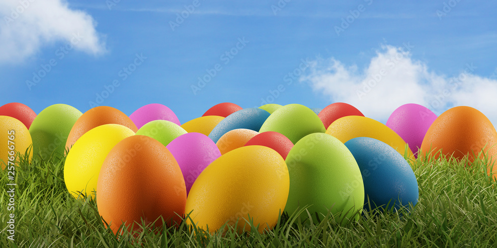 Colorful Easter eggs for Easter in the grass of a meadow 3d-illustration