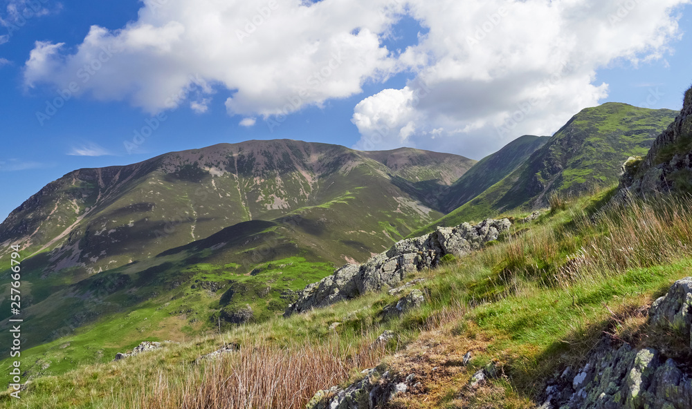 Summits of Grasmoor and Whiteless Pike on a sunny day in the English Lake District, UK.