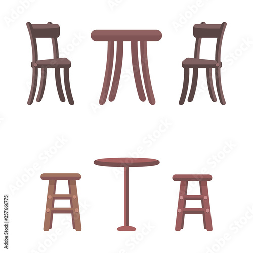 Wooden chairs and round tables isolated on white background. Furniture elements in flat style design. High chairs for children and two types of tables. Furniture for kitchen vector illustration
