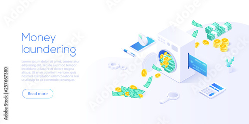 Money laundering isometric vector illustration. Corruption and illegal business concept background with machine washing paper currency and coins. Web banner layout template.