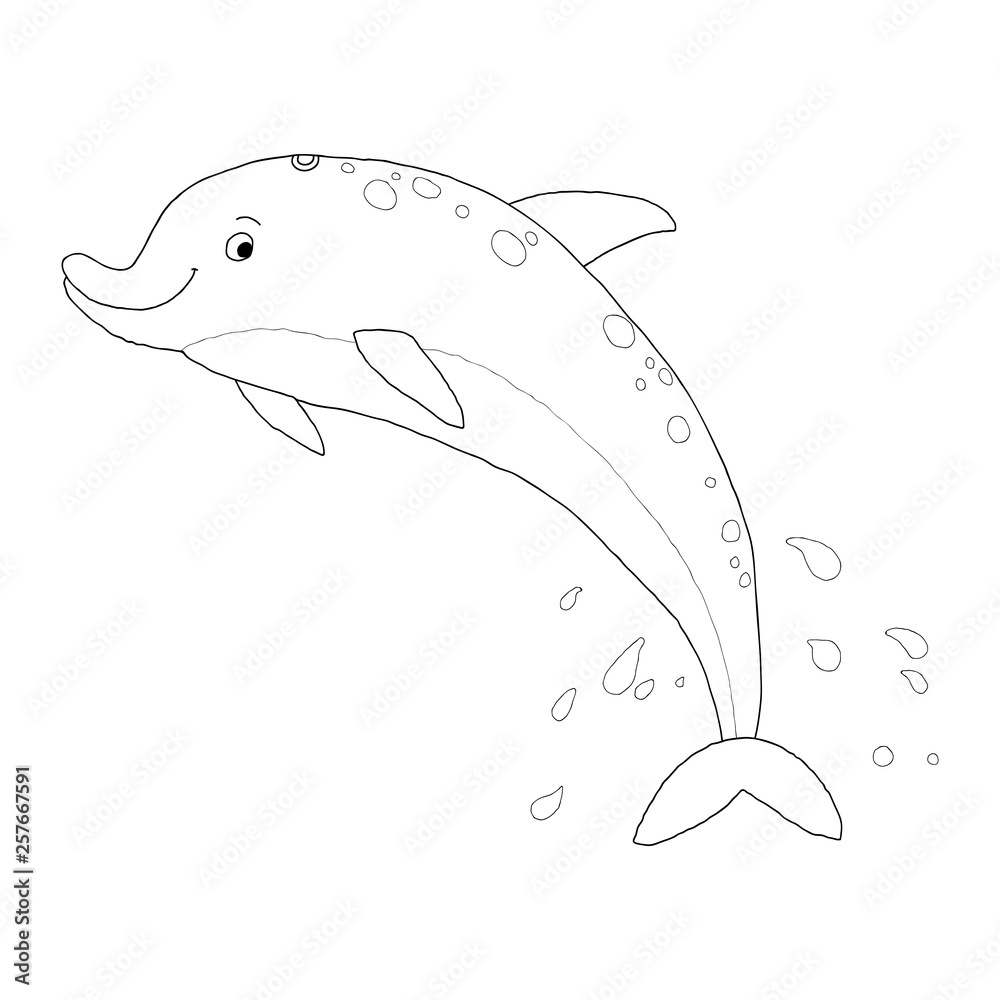 Contour image of a jumping funny dolphin. Coloring book illustration.  Cartoon vector hand drawn outline eps 10 illustration isolated on white  background in a flat style. Stock Vector | Adobe Stock