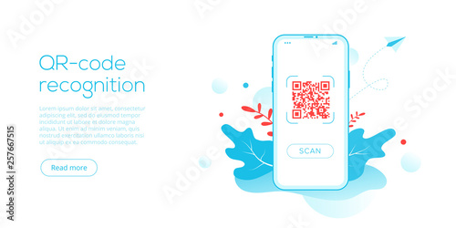QR code technology in creative flat vector illustration. Smartphone matrix barcode system concept. Locator or identifier scanner in mobile phone. Web site landing page template or  banner layout.