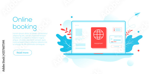 Online booking via website using laptop in flat vector illustration. Web site landing page template or webpage banner layout.
