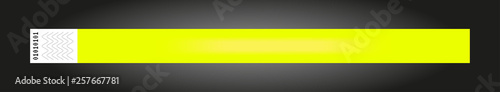 Vector luminous neon yellow cheap empty bracelet or wristband. Sticky hand entrance event paper bracelet isolated on black. Template or mock up suitable for various uses of identification.