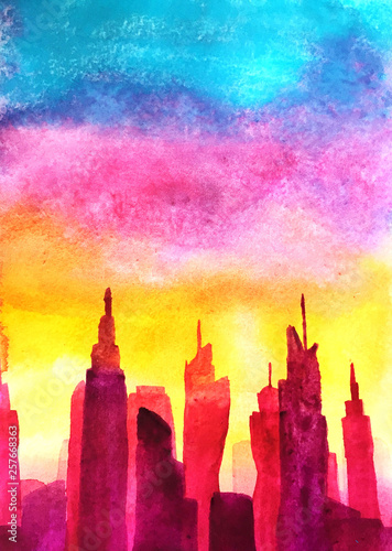 sunset cityscape watercolor illustration