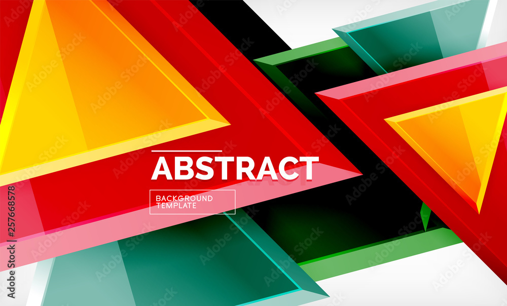 Triangles repetiton geometric abstract background, multicolored glossy triangular shapes, hi-tech poster cover design or web presentation template with copy space Triangles repetiton geometric abstract background, multicolored glossy triangular shapes, hi-tech poster cover design or web presentation template with copy space