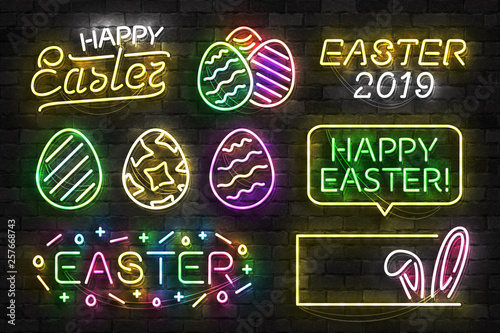 Vector set of realistic isolated neon sign of Easter logo for template decoration and invitation covering on the wall background. Concept of Happy Easter.