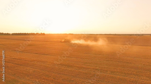 Combine harvester in the distance. Field during sunrise.