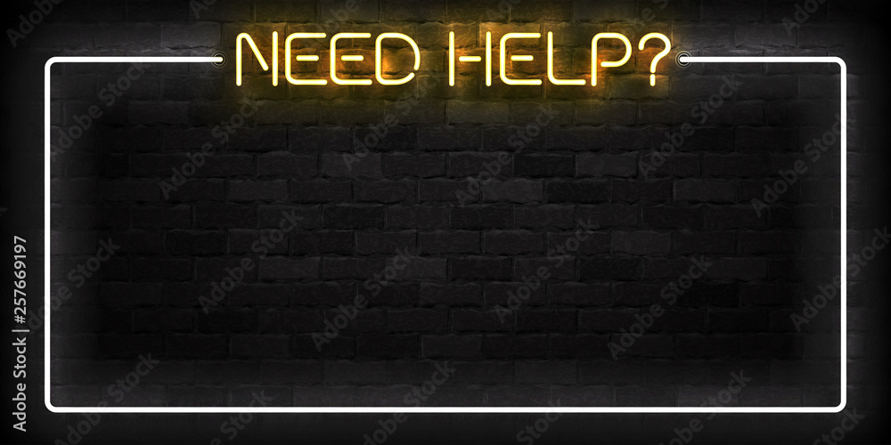 Vector realistic isolated neon sign of Need Help frame logo for template decoration on the wall background. Vector realistic isolated neon sign of Need Help frame logo for template decoration on the wall background.