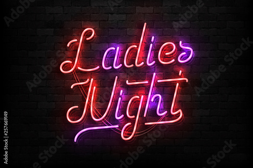 Vector realistic isolated neon sign of Ladies Night typography logo for template decoration and invitation covering on the wall background. Concept of night club and party.