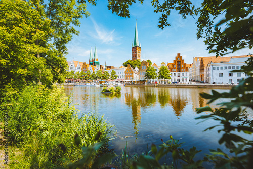 Historic city of Luebeck with Trave river in summer, Schleswig-Holstein, Germany