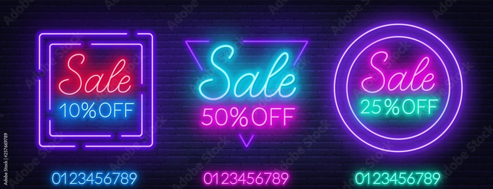 Neon sale signs on brick wall background. Template for discount - obrazy, fototapety, plakaty 