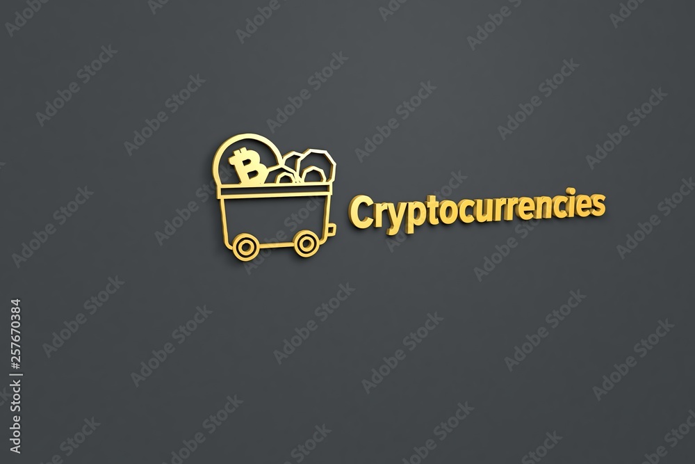 Text Cryptocurrencies with yellow 3D illustration and grey background Text Cryptocurrencies with yellow 3D illustration and grey background