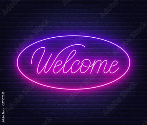 Neon sign welcome on brick wall background. Vector illustration