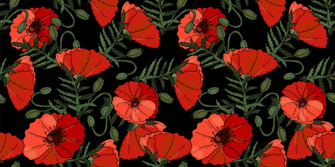 Acrylglasbilder Mohnblumenmuster Mohnblüten auf schwarzem Untergrund  © ellinanova