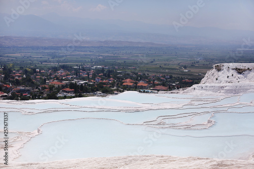 A breathtaking view on Pamukkale natural site of hot springs and travertines  terraces of carbonate minerals  southwestern Turkey  Denizli Province  River Menderes valley  Unesco world heritage site