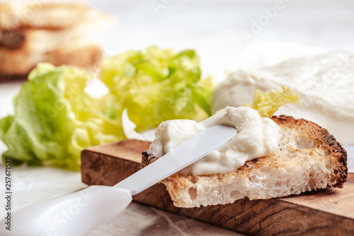 Italian spreadable cheese called stracchino served with slices of toasted bread 