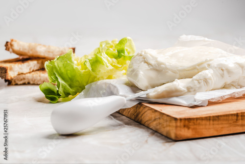 Italian spreadable cheese called stracchino served with slices of toasted bread 