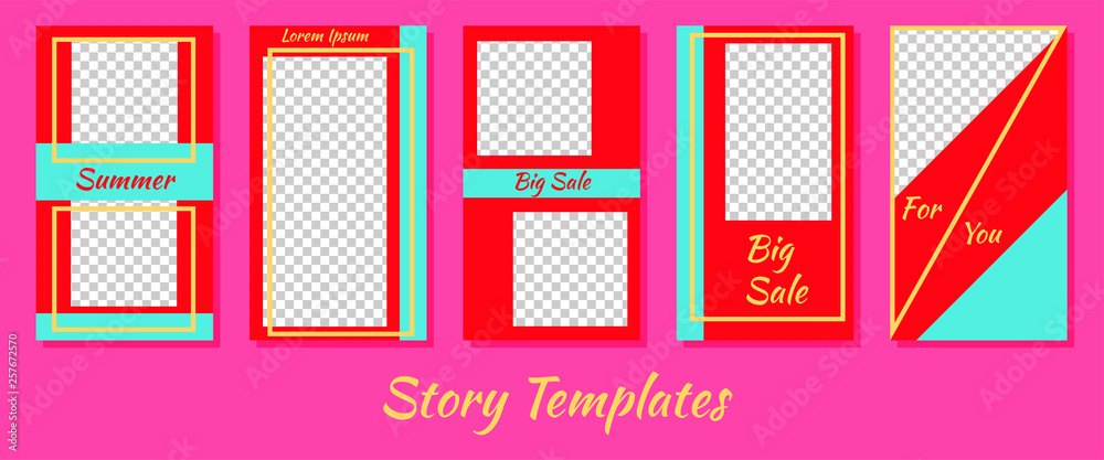 A set of minimalist stories for social networks. Frame. Package to create your unique content. Templates for stories. Juicy red and turquoise.