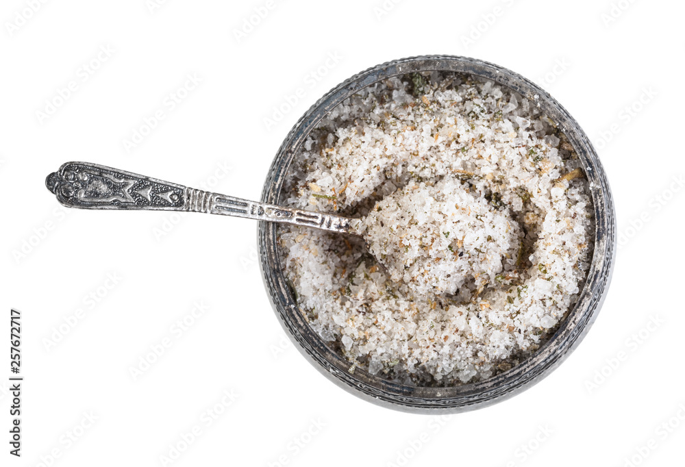 silver salt cellar with spoon with seasoned salt
