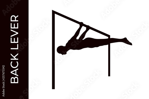 Male athlete silhouette doing calisthenics back lever exercise isolated on white background. Functional training with own weight. Street workout training. Vector illustration for web and printing.