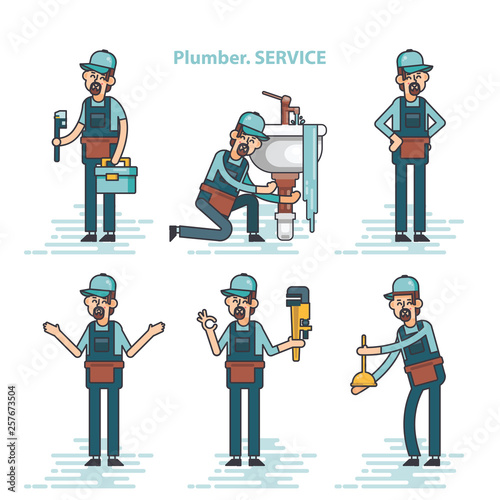 Vector set of professional plumbers repairing the broken home facilities, washbasin, toilet, cabin, washing machine, radiator, clog of pipes. 