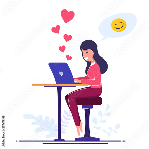 Online chat concept. Flat vector illustration. Young girl with a laptop communicates on the Internet. Reaction, embarrassment to a love confession. Messaging, social networks.