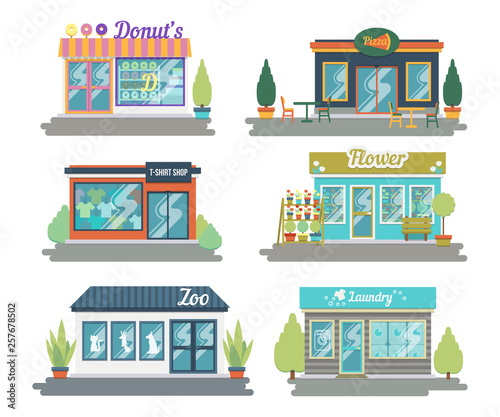 Fototapeta Naklejka Na Ścianę i Meble -  Set of vector flat design restaurants and shops facade icons. Includes shop of donuts and sweets, clothing store, flower shop, fueling, Laundry and other