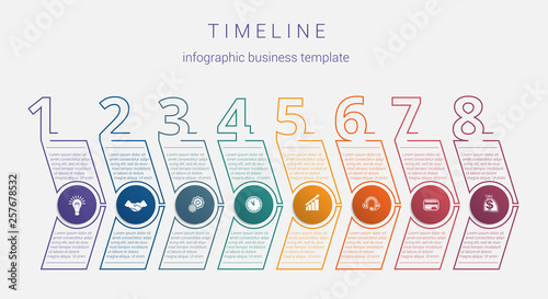 Timeline. infographic business template. Horizontal arrows 8 positions. Visualization of the business strategy in the time period