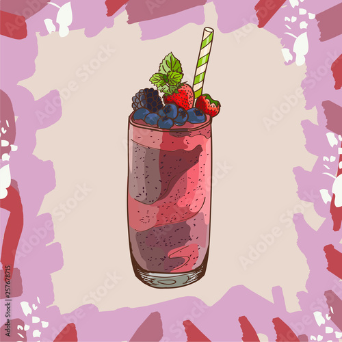 Berry smoothie recipe. Menu element for cafe or restaurant with energetic fresh drink. Fresh juice for healthy life.
