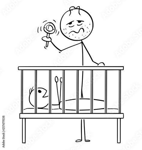 Cartoon stick figure drawing conceptual illustration of dead tired parent or father entertaining baby in cot in night with rattle.
