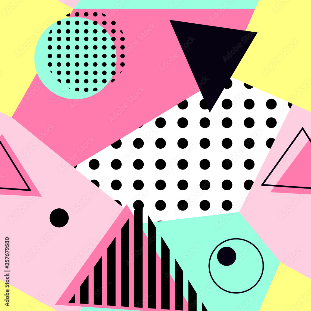 Obraz premium Memphis design, colored geometric shapes, seamless pattern