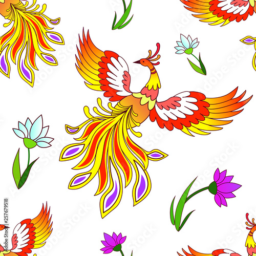 Vector pattern with Firebird and flowers. 