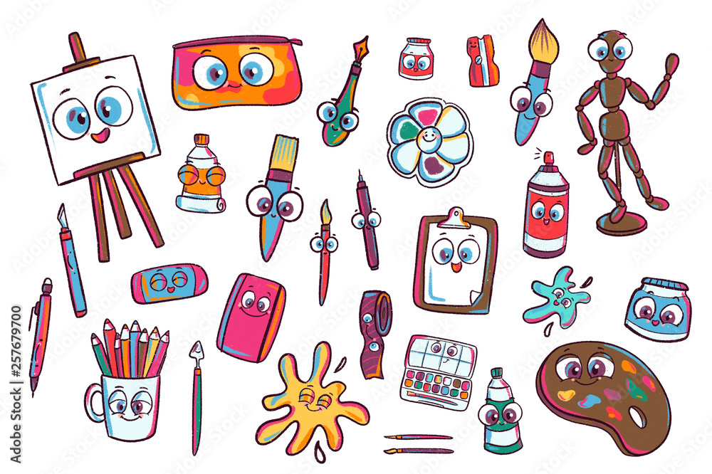 Art Supplies Cartoon Set. Artist Materials. Artsy Kids Comic Tools  Stock-Illustration | Adobe Stock