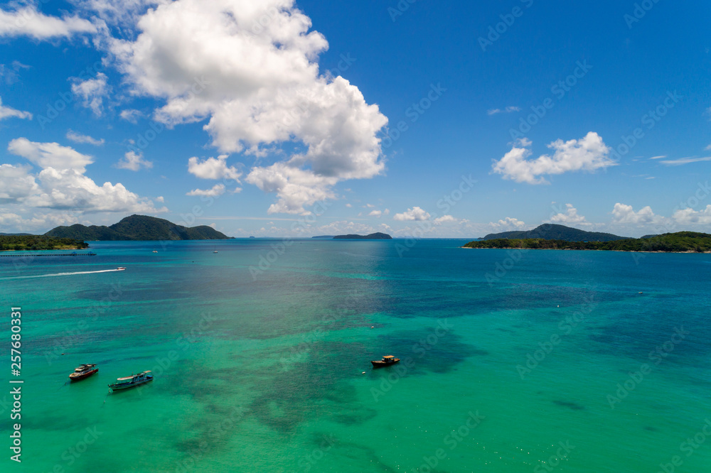 Fototapeta premium landscape nature scenery view of Beautiful tropical sea with Sea coast view in summer season image by Aerial view drone shot