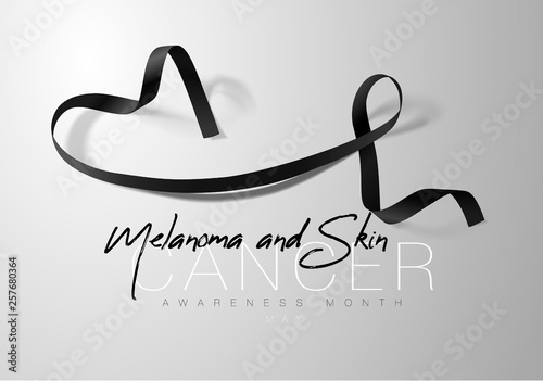 Melanoma and Skin Cancer Awareness Calligraphy Poster Design. Realistic Black Ribbon. May is Cancer Awareness Month. Vector