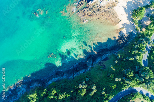 Drone view Top view landscape nature scenery view of Beautiful tropical sea with Sea coast view in summer season image by Aerial view drone shot © panya99