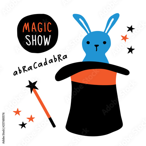 Magic show banner. Rabbit, magician equipment, top hat, magic wand, illusionist performance. Funny doodle hand drawn vector illustration. Isolated on white.