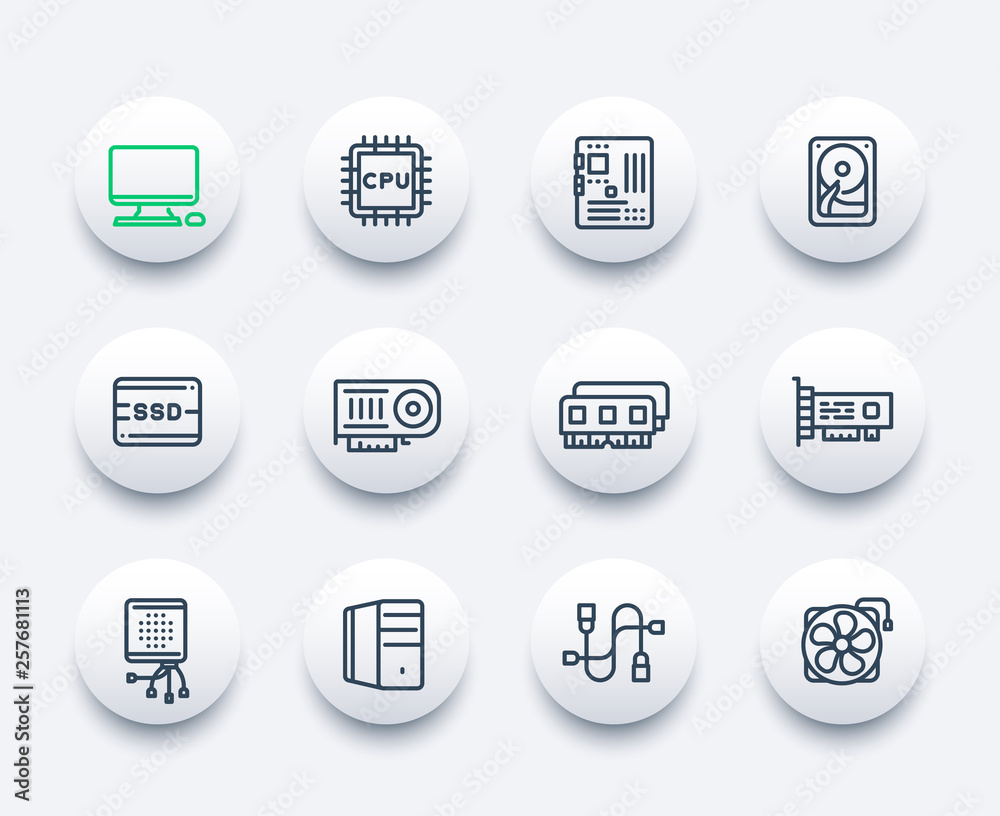 computer components icons, motherboard, CPU, RAM, video card, HDD, SSD, fan, linear style