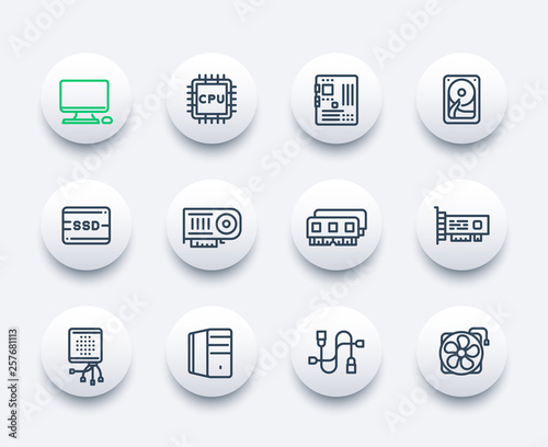computer components icons, motherboard, CPU, RAM, video card, HDD, SSD, fan, linear style