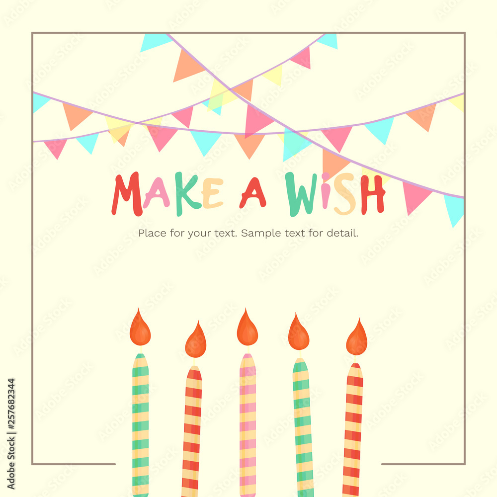 Vector illustration with pennants, candles and text Make a Wish on yellow background. For greeting card, baby shower, holiday party invitation or for post in social media, banner, poster.