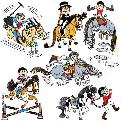 set of cartoon child riding a horse. Kid training his pony .Collection of funny equestrian sport disciplines : dressage, polo, race and show jumping . Vector illustrations isolated on white 