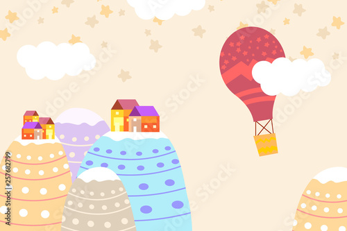 Graphic illustration for kids room wallpaper with house sky full of stars, hill, and air balloon. Can use for print on the wall, pillows, decoration kids interior, baby wear, shirts, and greeting card