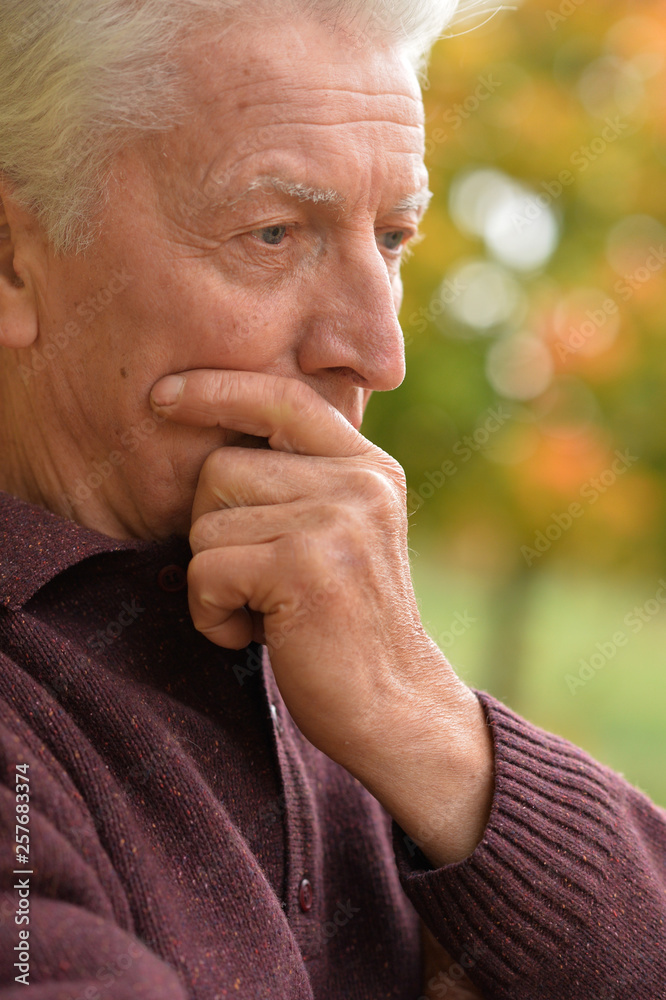 Close-up portrait of thoughtful senior man in autumn park Close-up portrait of thoughtful senior man in autumn park