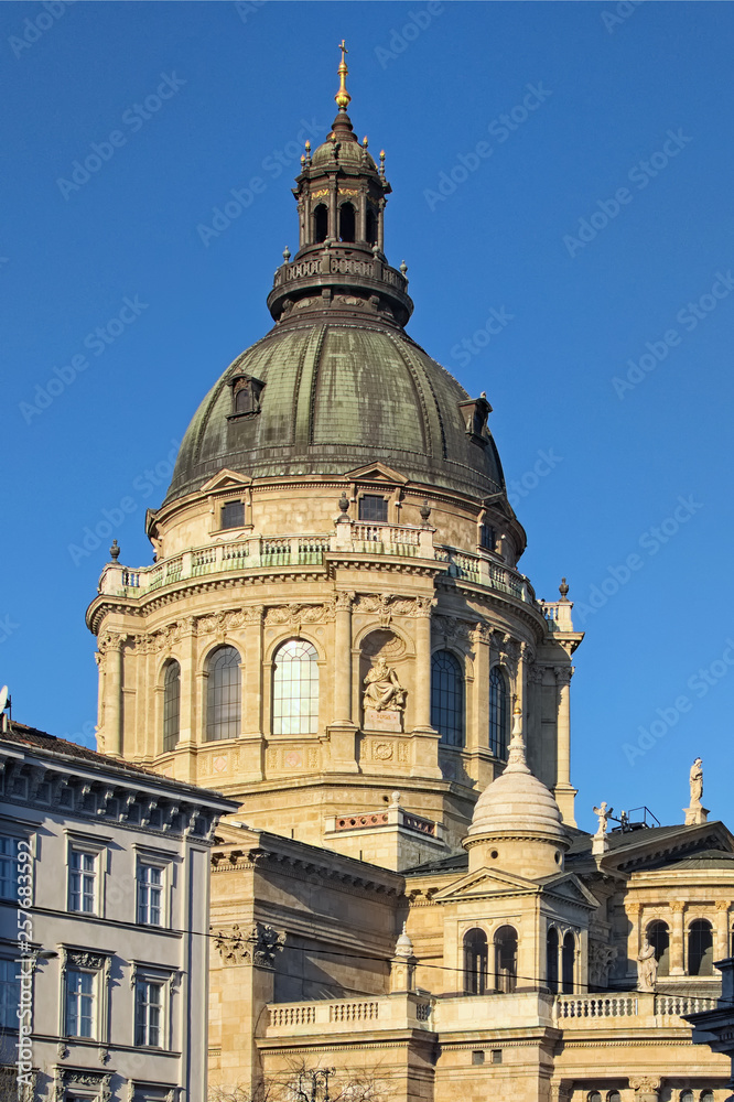 Beautiful morning view of St. Stephen's Basilica. It is a Roman Catholic basilica in Budapest, Hungary. It is named in honour of Stephen, the first King of Hungary. Iconic landmark for Hungarians