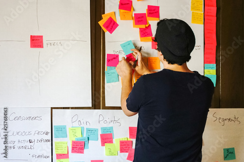 A brainstorming session with sticky notes at a start-up