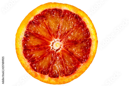 Slice of red blood orange fruit isolated on white background