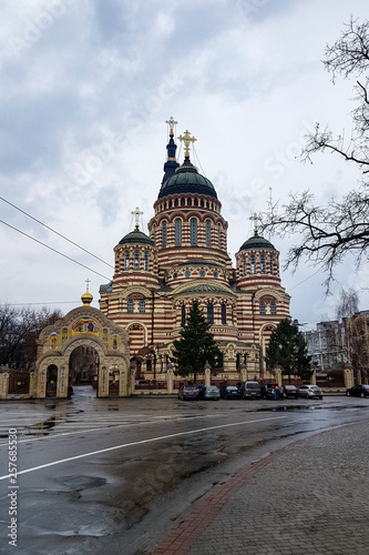 Kharkiv, Ukraine: The Annunciation Cathedral is the most important Orthodox church of Kharkiv. The candy striped cathedral features a pentacupolar Neo-Byzantine structure with an 80 m bell tower